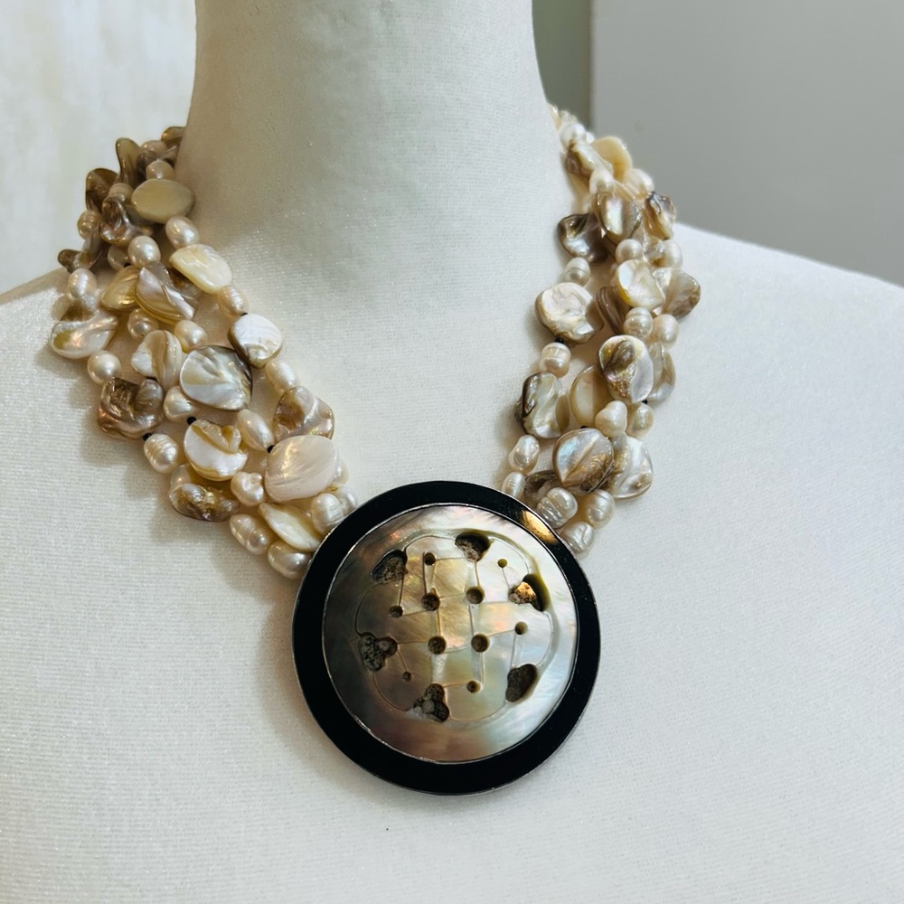 Artisan SignedMulti-Strand Pearl Necklace with Mother of Pearl Pendant Sterling